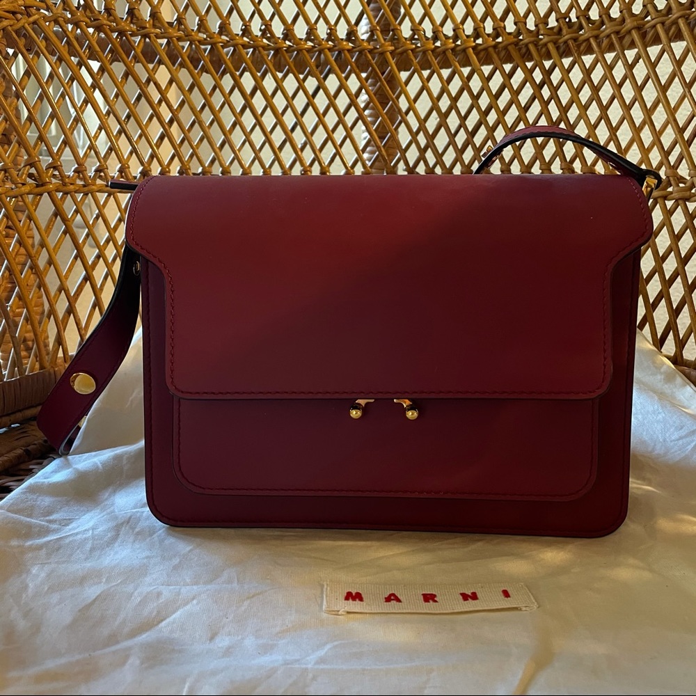 Marni Burgundy Leather Shoulder Bag with Gold Hardware